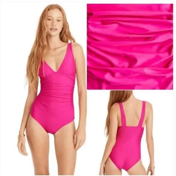J. Crew NWT Ruched V Neck One Piece Swimsuit Fuchsia Pink J.Crew BC116 Size 4 - Picture 2 of 4